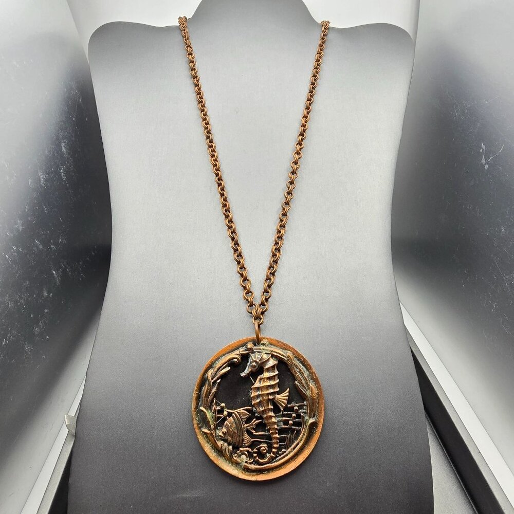 VTG Solid Copper Seahorse & Fish Pendant Necklace 20" Double Round Link Chain - Picture 2 of 10